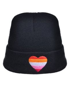 Wholesale lesbian pride beanie hat with embroidered heart detail.  LGBTQ beanie hats also available in bisexual pride and rainbow gay pride colours with heart detail.