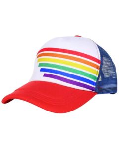 Wholesale gay pride truckers hat gay pride baseball cap in red white and blue with the gay pride stripes.  Also available black and multi gay pride truckers hat