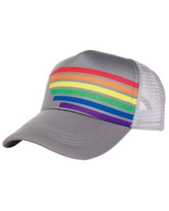 Wholesale gay pride truckers hat gay pride baseball cap in grey with the gay pride colour stripes.  Also available black gay pride truckers hat, multi pride truckers hat