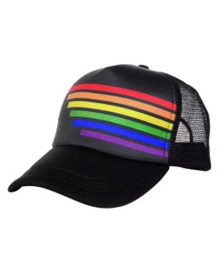 Wholesale gay pride truckers hat gay pride baseball cap in black with the gay pride colour stripes.  Also available grey gay pride truckers hat, multi pride truckers hat
