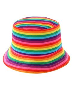 Wholesale gay pride hat original 1978 pride flag colours in small stripes on a gay pride bucket hat.  Also available lesbian pride, bisexual pride, transgender pride.