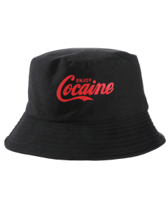 Wholesale enjoy coke bucket hat with red wording on black sun hat.  Enjoy cocaine bucket hat