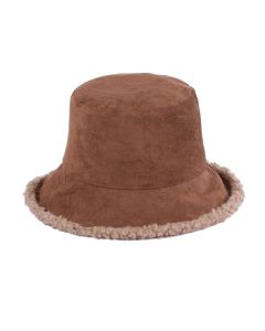 Wholesale, reversible, faux sheepskin bucket hat in brown.  These wholesale reversible bucket hats are great!  They can be worn as sheepskin or sherpa wool bucket hats.