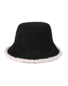 Wholesale, reversible, faux sheepskin bucket hat in black.  These wholesale reversible bucket hats are great!  They can be worn as sheepskin or sherpa wool bucket hats.