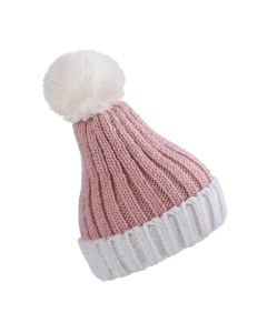 Wholesale bobble hat in pink and cream with super soft high quality faux fur bobble and sherpa lining.  These wholesale winter bobble beanie's are thick and warm and great quality.