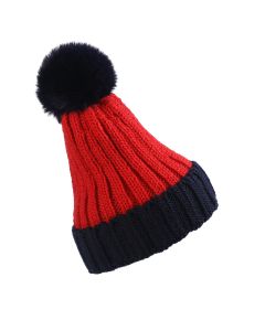 Wholesale red and blue bobble hats sherpa lined with super soft faux fur bobble.  These wholesale winter wooly bobble hats are thick and warm and high quality.