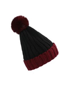 Wholesale black and burgundy bobble hat sherpa lined with high quality super soft faux fur bobble.  The wholesale winter wooly bobble hats are thick and warm and high quality.