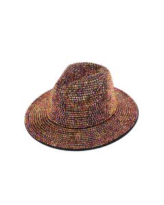Wholesale gold coloured rhinestone fedora hat.  Catwalk quality festival fedora hat with mutli coloured rhinestone.