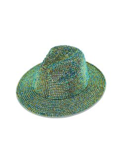 Wholesale green coloured rhinestone fedora hat.  Catwalk quality festival fedora hat with green coloured rhinestone.