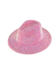 Wholesale pink coloured rhinestone fedora hat.  Catwalk quality festival fedora hat with pink coloured rhinestone.