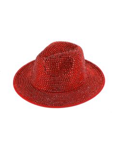 Wholesale red coloured rhinestone fedora hat.  Catwalk quality festival fedora hat with red coloured rhinestone.