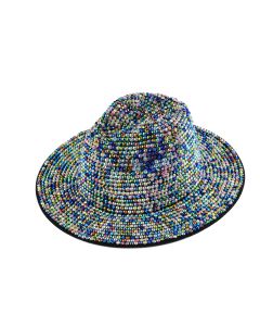 Wholesale multi coloured rhinestone fedora hat.  Catwalk quality festival fedora hat with mutli coloured rhinestone.