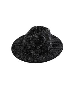 Wholesale black coloured rhinestone fedora hat.  Catwalk quality festival fedora hat with black coloured rhinestone.