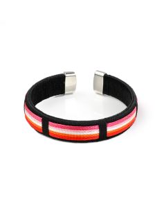 Wholesale lesbian pride wrist cuff bracelet with orange and pink bisexual colours stripes in cotton thread.  Gay pride festival essential.