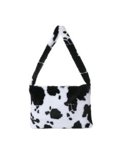 Fluffy Faux Fur Shoulder Bag Black Cow Print