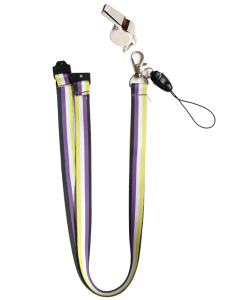 Non binary pride safety lanyard with detachable whistle.