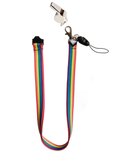 Progressive gay pride safety lanyard with detachable whistle.