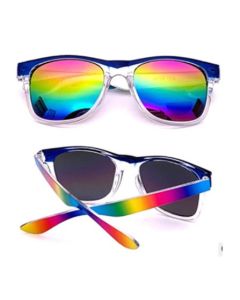 Wholesale multi coloured lens wayfarer sunglasses.  These wholesale wayfarer sunglasses with multi coloured mirrored lens make great wholesale festival wear accessories.