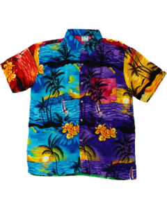 Wholesale mixed panel hawaiian shirt with yachts and palm trees.