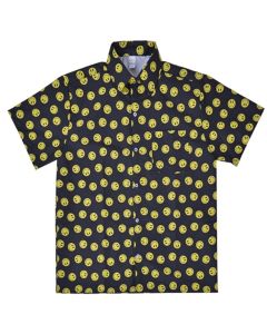 Wholesale smiley face print button shirt with collar 3 sizes available.  Great festival shirt, loads of smiley face stuff to choose from.