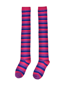Wholesale bisexual pride welly socks. Bisexual flag colour welly socks, for gay pride festivals or a great festival line in general.  Pink, blue and purple striped welly socks.