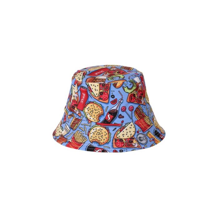 Wholesale bucket hats with junk food print. Funky sun hat
