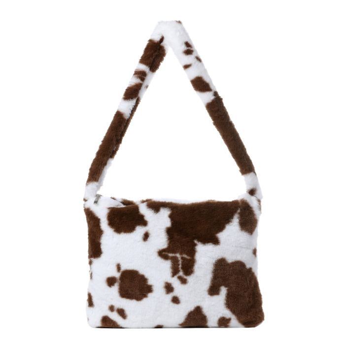 Fluffy Fax Fur Brown Cow Print Shoulder Bag