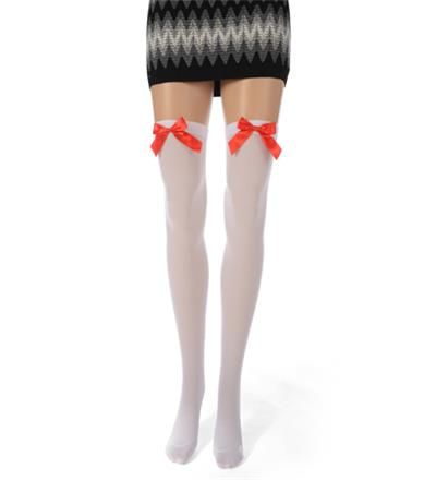 Red And White Stockings / Womens Red Bow White Stockings - White and red striped stockings.